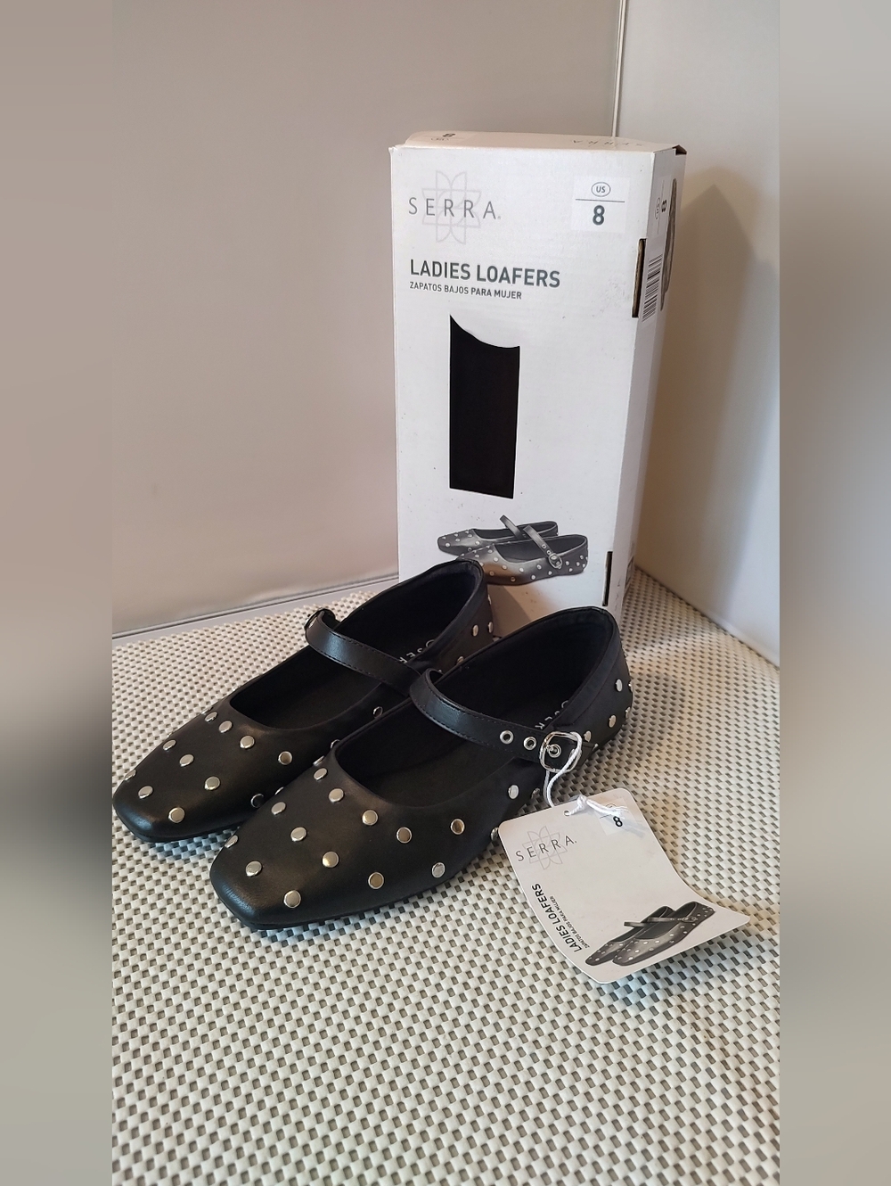 Serra Women's Size 8 Loafers Black Silver Polka Dots NWT Adjustable Buckle Aldi